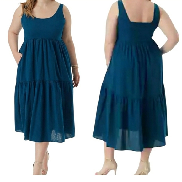 JS 2XL Tiered Cottage Casual Chore Pockets Farmhouse Smocked Midi Maxi Dress - Picture 5 of 11